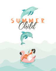 Sticker - Hand drawn vector creative cartoon summer time poster with jumping dolphins,girl on pink flamingo float circle and modern typography quote Summer Child isolated on white background.