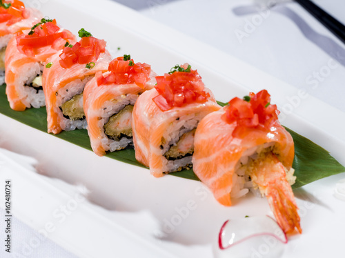 Plate Of Tiger Roll Sushi Style Close Up Buy This Stock Photo