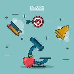 Sticker - colorful poster of education with microscope and apple in closeup and icons of pencil and school bell and target