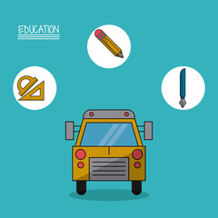 Sticker - colorful poster of education with school bus in closeup and icons of geometric rulers and pencil and fountain pen