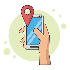 color background with hand holding smartphone in closeup and map pointer icon