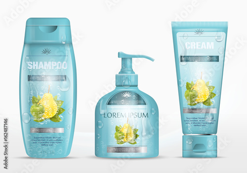 Fotografie, Obraz Shampoo packaging, cream tube, soap bottle with water drops template design