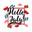© tumana_net - Hello, July - hand drawn summer lettering quote isolated on the white background with watermelon, umbrella and suitcase. Fun brush ink inscription for greeting card or t-shirt print, poster design.