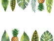 Watercolor banner tropical leaves and pineapple isolated on white background.