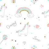 Magic design seamless pattern with unicorn, rainbow, hearts, clouds and others elements. With golden glitter texture. Vector illustration
