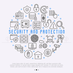 Wall Mural - security and protection concept with thin line icons in circle: data, surveillance camera, finger pr