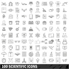 Poster - 100 scientific icons set, outline style