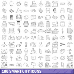 Poster - 100 smart city icons set, outline style
