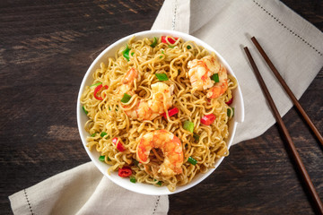 Wall Mural - Instant noodles with vegetables and shrimps, plus copyspace