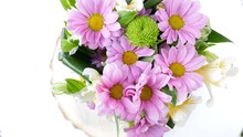 Close-up, View From Above, Flowers, Bouquet, Rotation, Floral Composition Consists Of Chrysanthemum Chamomile. Flower Shop