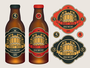 Wall Mural - Vector beer labels with barrel, laurel wreath, ribbon and crown in retro style on a red and black background. Two template labels for draft beer and neck labels on glass bottles with caps.