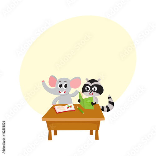 Cute Elephant And Raccoon Student Characters Sitting At School