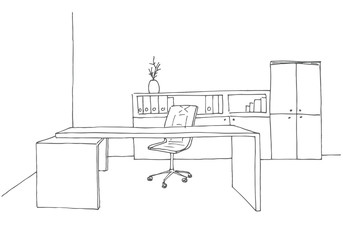 Wall Mural - Office in a sketch style. Hand drawn office furniture. Vector illustration.