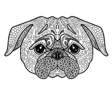 Dog Pug Doodle Illustration Page For Adult Coloring Book. Symbol Of Chinese New Year 2018 Vector Illustration.