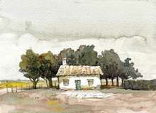 Old Cottage With Trees And Bushes