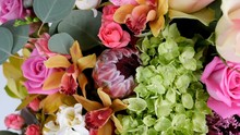 Close-up, View From Above, Flowers, Bouquet, Rotation, Floral Composition Consists Of Rose Aqua, Ornithogalum, Brunia Green, Eucalyptus, Cymbidium Orchid, Protea, Barbatus,