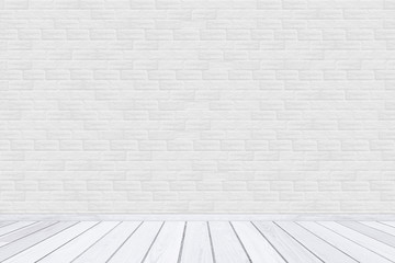 Canvas Print - White brick wall texture with wood floor.