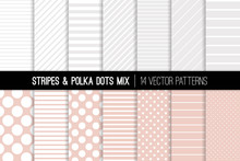 Polka Dot And Diagonal And Horizontal Stripes Vector Patterns In Blush Pink, White And Silver Grey. Neutral Backgrounds. Tiny And Jumbo Polka Spots And Various Thickness Lines. Tile Swatches Included.