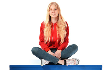 Poster - Cute teenager girl on white background