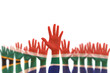 South Africa national flag on leader's palms isolated on white background (clipping path) for human rights, leadership, reconciliation concept