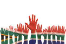 South Africa National Flag On Leader's Palms Isolated On White Background (clipping Path) For Human Rights, Leadership, Reconciliation Concept