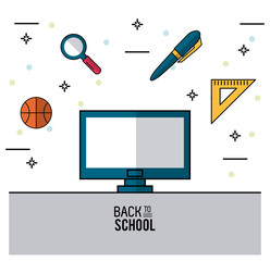 Poster - color poster of back to school with computer in closeup and eraser and basketball ball and magnifying glass and pen and rule squad on top