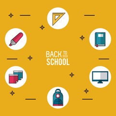 Poster - yellow background poster of back to school with essential school icons in round frames