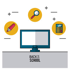 Poster - color poster of back to school with computer in closeup and marker and magnifying glass and calculator on top in round frames