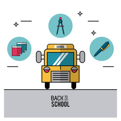 Poster - color poster of back to school with school bus in closeup and pen and sheet and compass on top in round frames