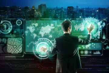 Poster - businessperson and futuristic interface. Internet of Things. Smart City.