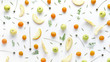 Fruity pattern. Fruits, plants and flowers on a white background. Food background. Top view.