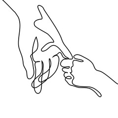 Baby holding little finger of adult hands together. Continuous line drawing. Vector illustration on white background