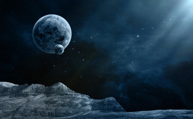 space scene. blue nebula with planet and terrain in front. elements furnished by nasa. 3d rendering