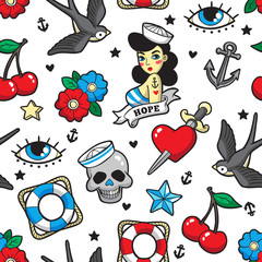 Wall Mural - old school seamless pattern in rockabilly style.