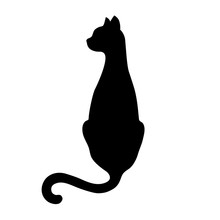 Black Isolated Silhouette Of Back Sitting Cat With Turned Head On White Background.