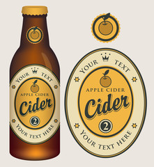 Wall Mural - Vector label for apple cider with crown and inscription in oval frame. Template label for cider and neck label on glass bottle with cap in retro style.