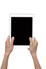 Hands holding a tablet isolated on white