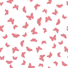 Butterfly Seamless Pattern Vector Illustration. Pink Butterflies On A Pink Background. Seamless Butterflies Pattern. Vector Illustration