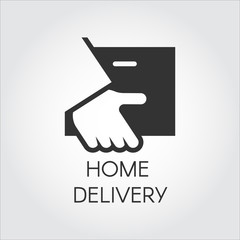 Black icon of hand holding parcel in flat style. Home delivery, fast and convenient service concept logofor websites, mobile apps and other design needs. Vector illustation