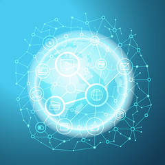 Poster - Social media network vector concept. Abstract communication scheme on the Earth
