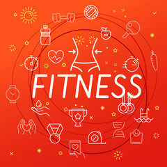 Poster - Fitness concept. Different thin line icons included