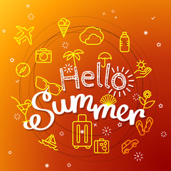 Poster - Hello summer concept. Different thin line icons included