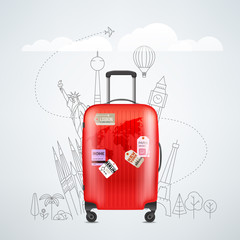 Poster - Color red plastic travel bag with different travel elements vector illustration. Travel concept