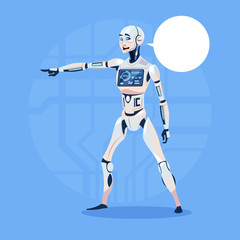 Poster - Modern Robot Show Chat Bubble Message Point Finger Futuristic Artificial Intelligence Technology Concept Flat Vector Illustration