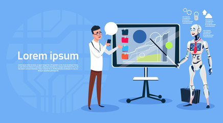 Poster - Modern Robot And Man Leading Presentation On Digital Screen Futuristic Artificial Intelligence Technology Concept Flat Vector Illustration