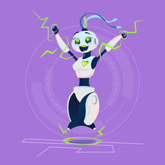 Poster - Cute Female Robot Happy Smiling Full Battery Charge Modern Artificial Intelligence Technology Concept Flat Vector Illustration