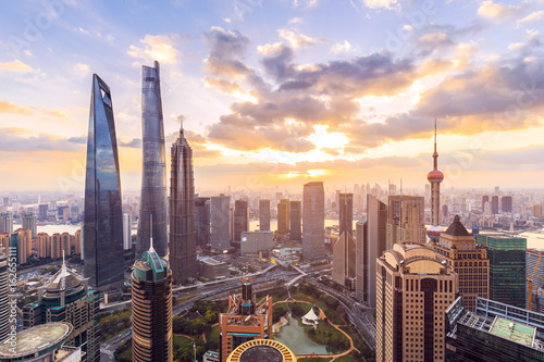 Shanghai skyline and cityscape at sunset Wallpaper Mural