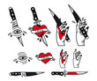 traditional tattoo style set - hearts, knife, eye, hand, ribbons. Vintage ink old school tattooing