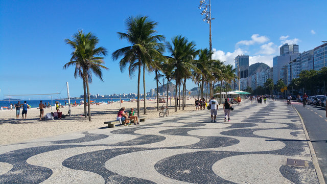 copacabana, rio de janeiro, brazil - june 25, 2017- famous geometric boardwalk of copacabana in summ