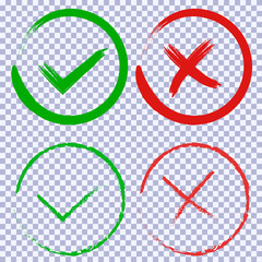 Aufkleber - Tick and cross brush signs. Green checkmark OK and red X icons, isolated on white background. Simple marks graphic design. Symbols YES and NO button for vote, decision, web. Vector illustration